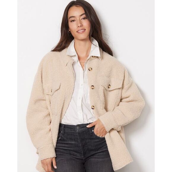 Good American NEW Size Large XL Button Front Sand Color Sherpa Jacket Shacket - Picture 4 of 9